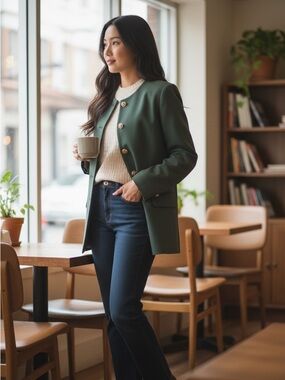 Oleg Cassini 100% Wool Blazer Jacket Green Gold Buttons Women’s Size 14 Vintage